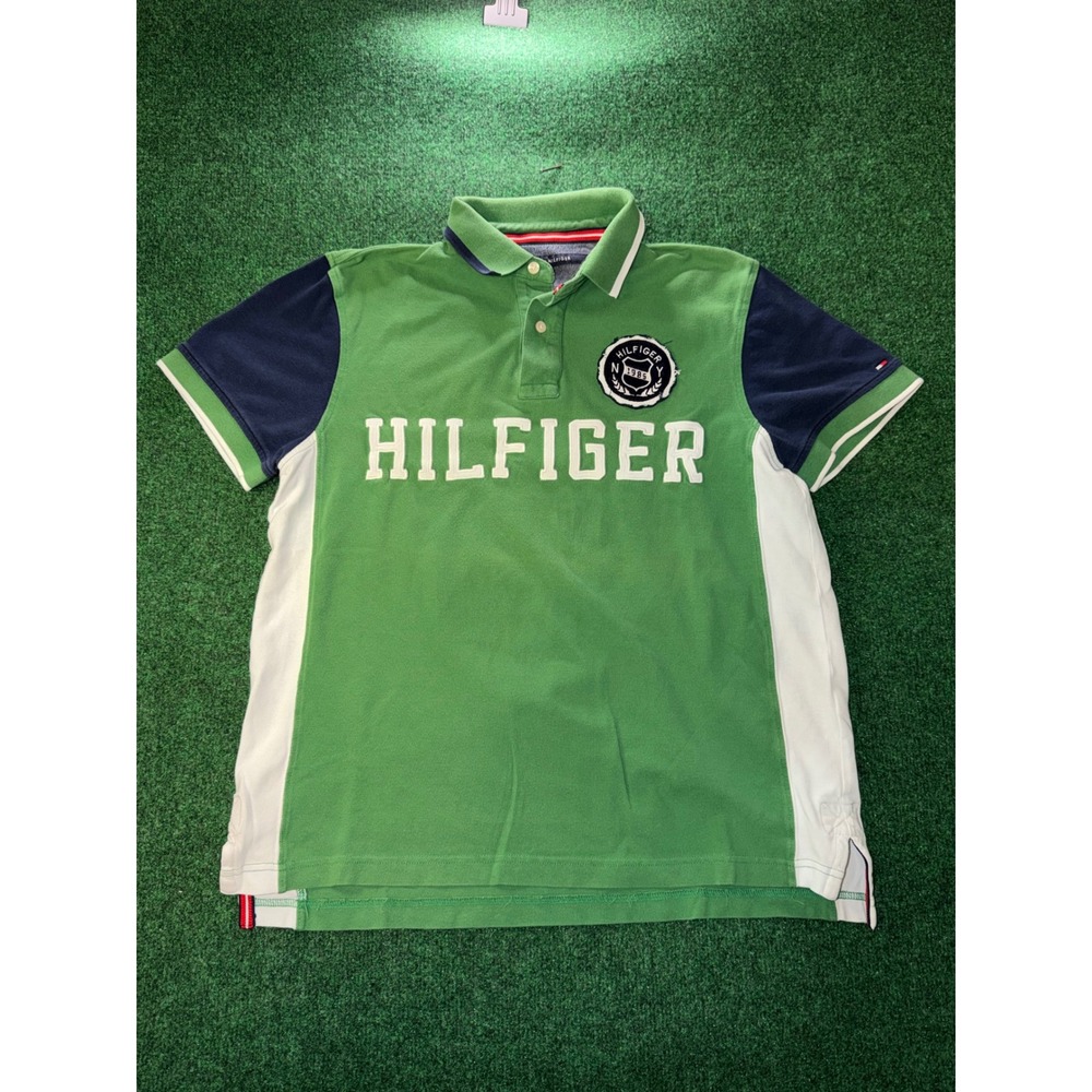 Tommy Hilfiger Mens Green Colorblock Crest Logo Polo Shirt Medium Short Sleeve